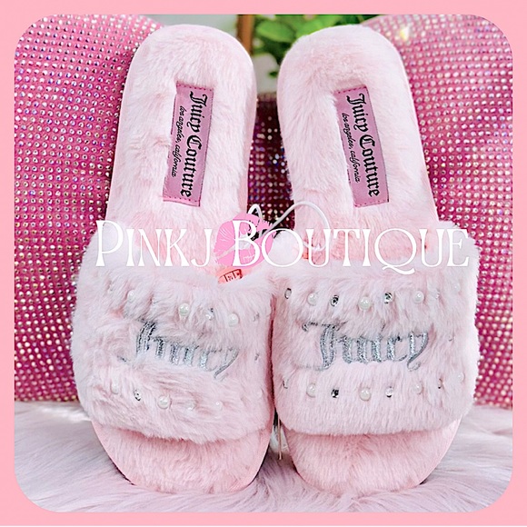 Juicy Couture Shoes - 💗{Juicy Couture} Beautiful Pink {Bling Pearls} Signature Faux Fur Slippers!